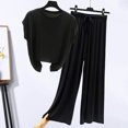 thumbnail image 4 of Joernso 2 Pcs/Set Women Summer Pajamas Comfortable Elastic Waist Solid Color Loose Drawstring Sleeping Wide Leg Short Sleeves Sports T-shirt Pants Set Female Garment, 4 of 8