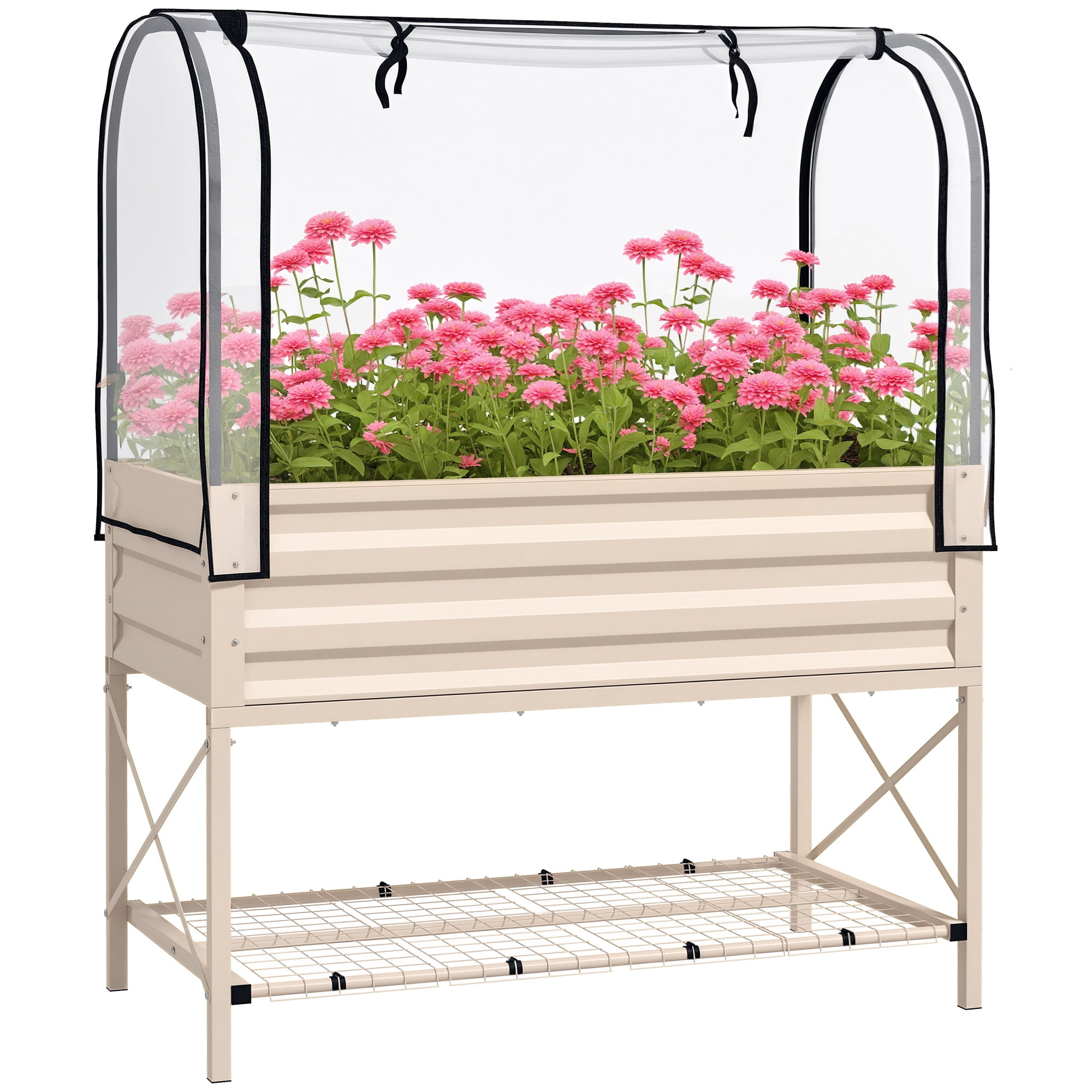 Outsunny Raised Garden Bed with Cover and Storage Shelf, Rectangular Metal Elevated Planter Box with Legs and Bed Liner, Cream