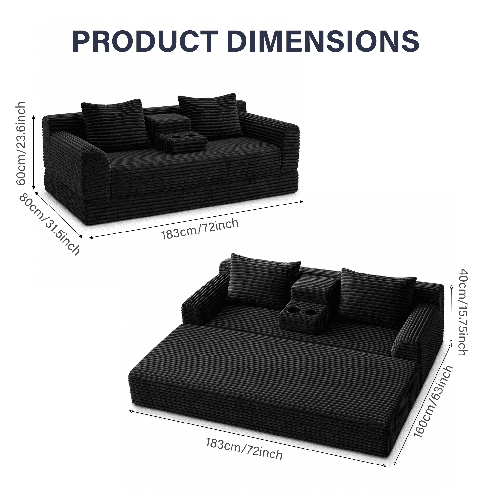 Leumius Futon Sofa Bed,Folding Boneless Couch with Cup Holders，Chenille Pull Out Sofa Bed with 2 Pillows or Living Room & Bedroom,Black
