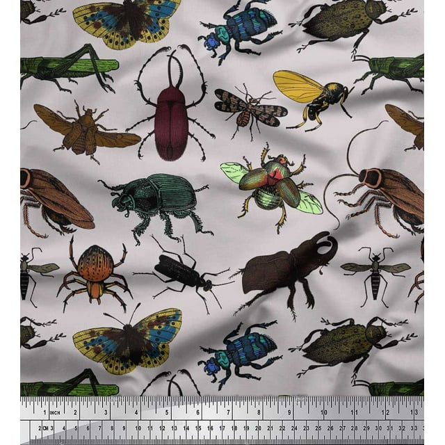 Soimoi Gray Rayon Crepe Fabric Beetle & Honey Bee Insects Decor Fabric Printed BTY 46 Inch Wide