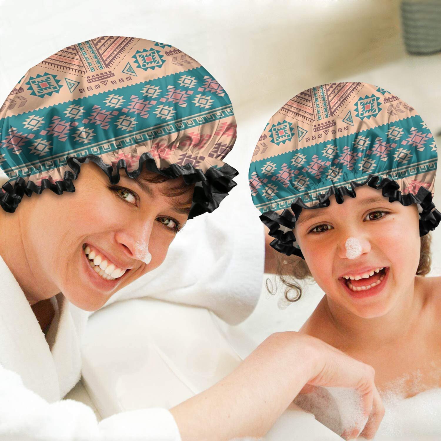 Shower Caps,Multicolor Geometric Boho Pattern Waterproof Shower Cap for Women 4 Pieces,Double Reusable Hair Cover for Shower PEVA Elastic Stretch Hem