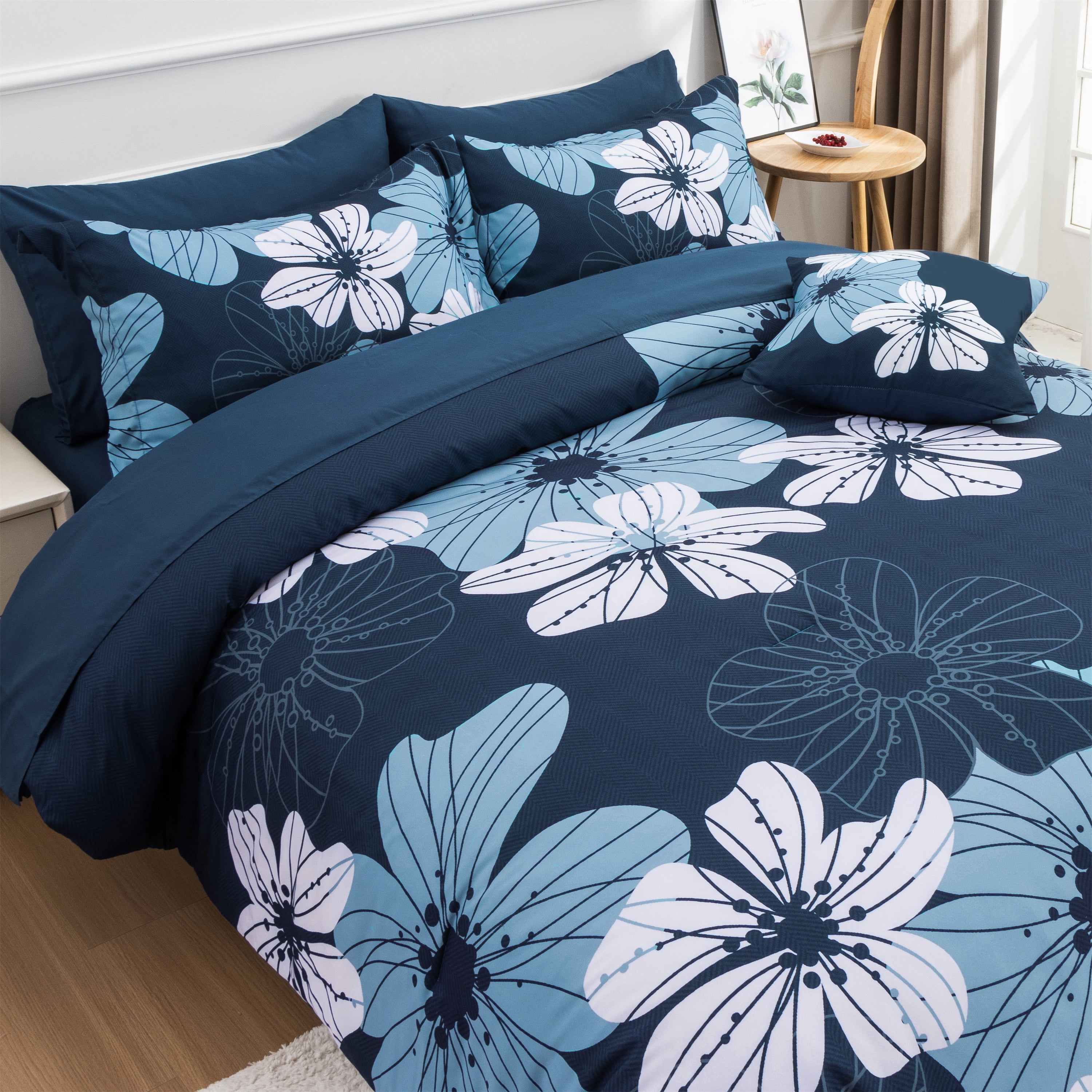 Btargot 6 Piece Navy Comforter Sets King Adult Floral Bedding Set Botanical Boho Flower Bed-in-a-Bag