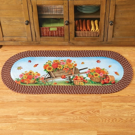 Fall Garden Braided Runner Rug - Features Outdoor Harvest Scene and Brown Border, Festive Accent for Hallways or High Traffic
