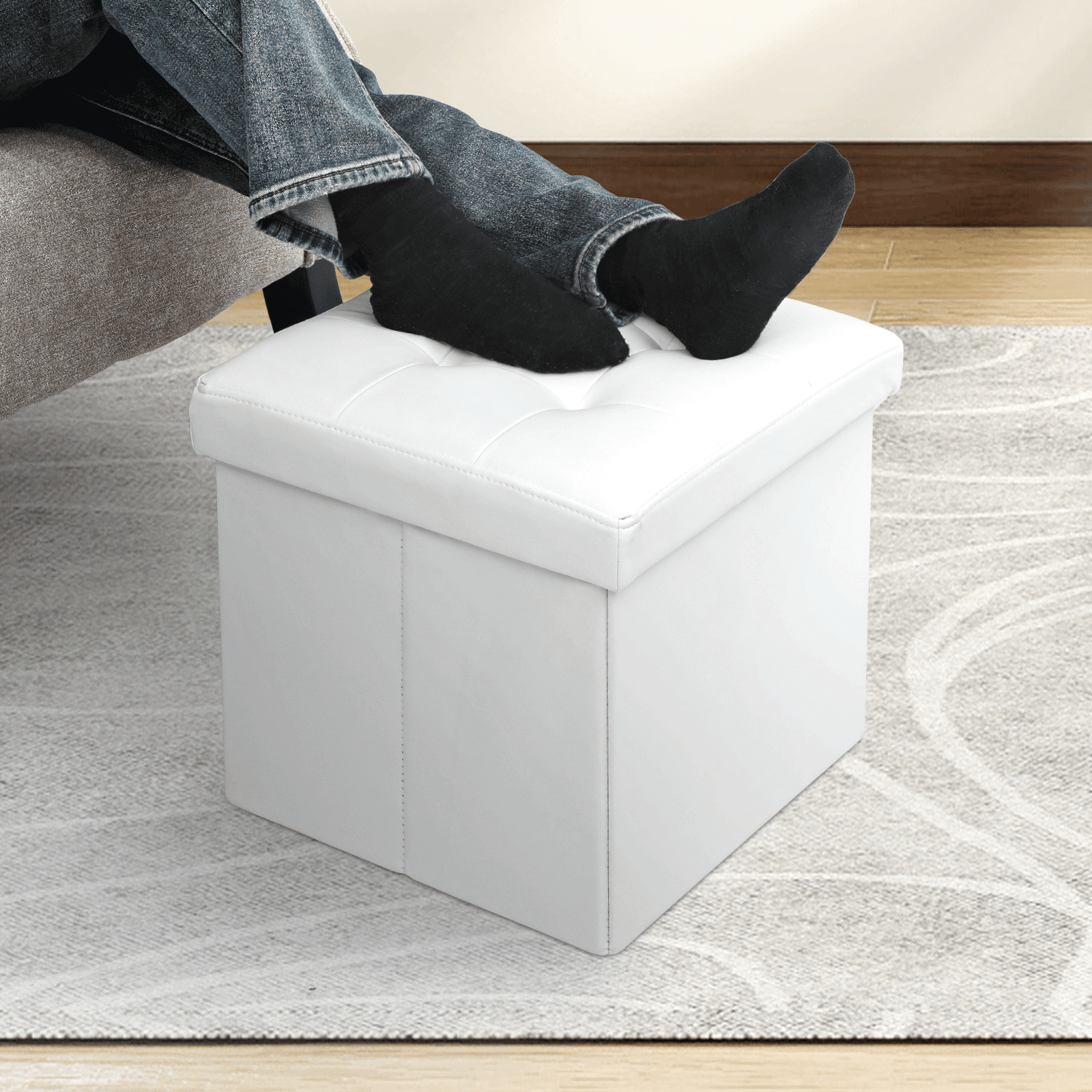 MoNiBloom 15" Cube Collapsible Ottoman with Storage, PU Leather Storage Ottoman Footrest, for Living Room Bedroom Entryway, Brown