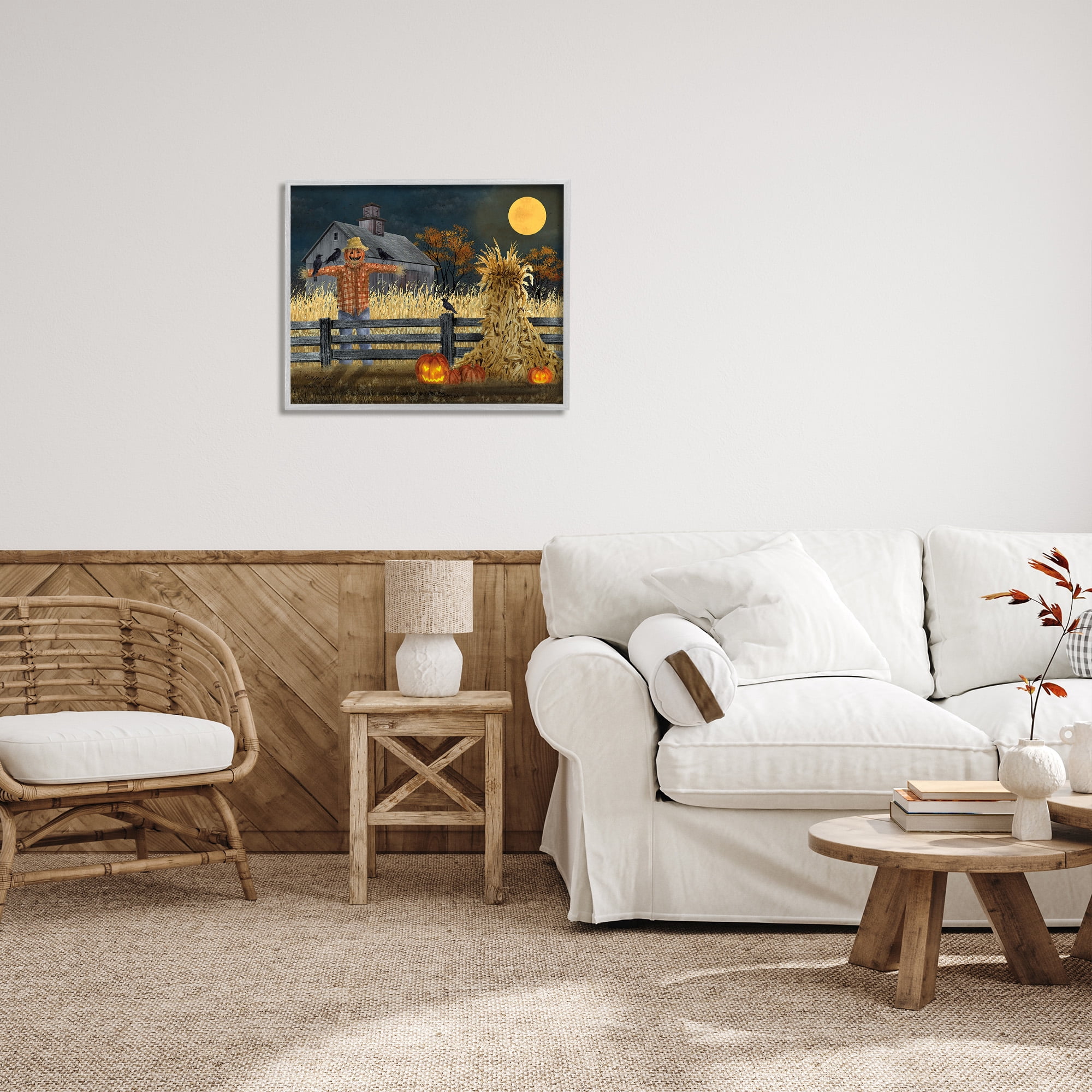 Stupell Industries Scarecrow Farm Landscape Holiday Painting Gray Framed Art Print Wall Art, 30 x 24
