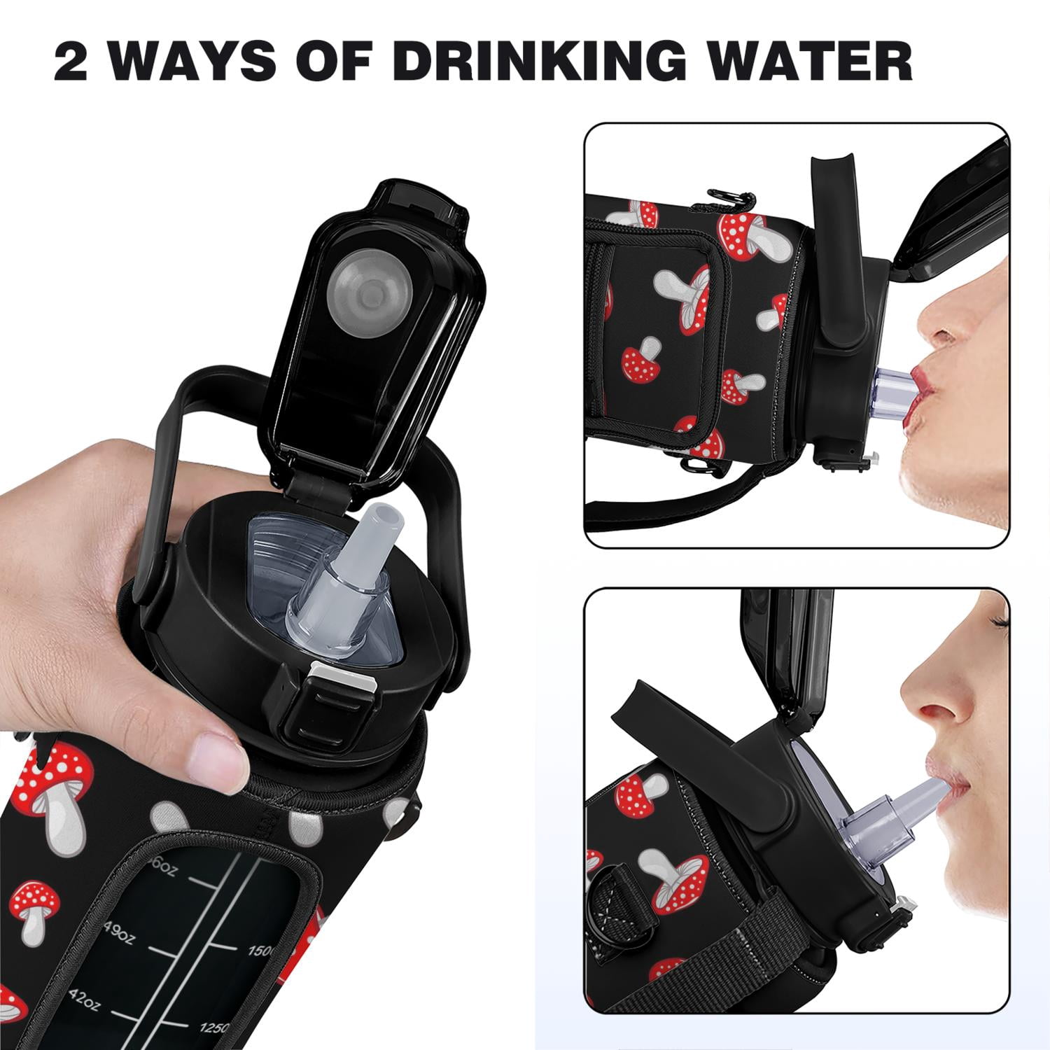 Mushroom 64 Oz Water Bottle with Measurements - BPA Free Leakproof Sport Large Plastic Water Bottle with Straw & Time Marker & Insulated Neoprene Holder Carrier Bag Great Gift for Women Men