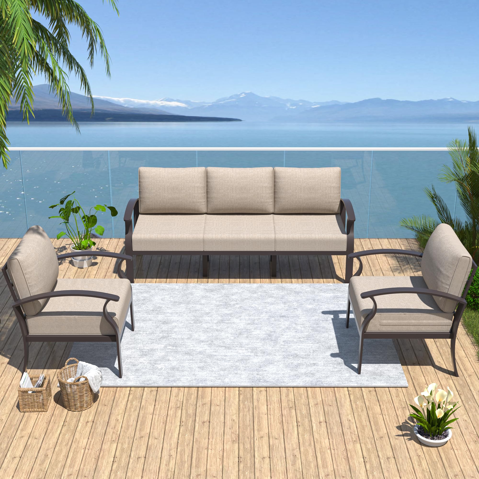 ALAULM Aluminum 5 Pieces Patio Furniture Set, 1 Three-Seater Sofa & 2 Single Sofas with 5.1" High-Resilience Cushions for Patio Backyard Poolside, Sand