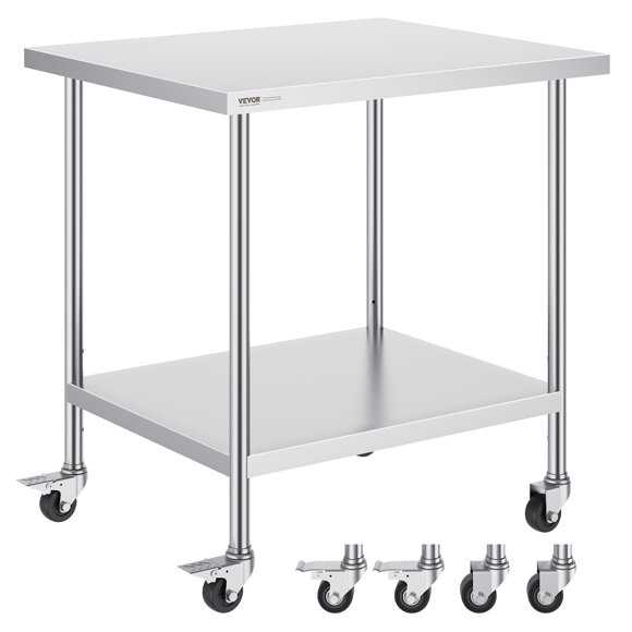 VEVOR Stainless Steel Work Table Commercial Prep Table 30x36 Inch With 4 Casters