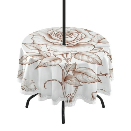 

60 Outdoor Round Tablecloth with Umbrella Hole & White Lace Trim Waterproof Patio Table Cover for Garden Kitchen Dining Rose Drawings