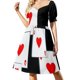 thumbnail image 1 of Vestido de manga corta con corazones rojos, ases y naipes en color negro, ropa de mujer, vestido largo para mujer, vestidos, 1 of 7