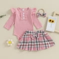 thumbnail image 2 of Okbabeha Baby Girl Christmas Outfit 0 3 6 9 12 18 24Months Ruffle Romper Onesie+Plaid Overall Skirt Dress Headband Clothes Set, 2 of 7