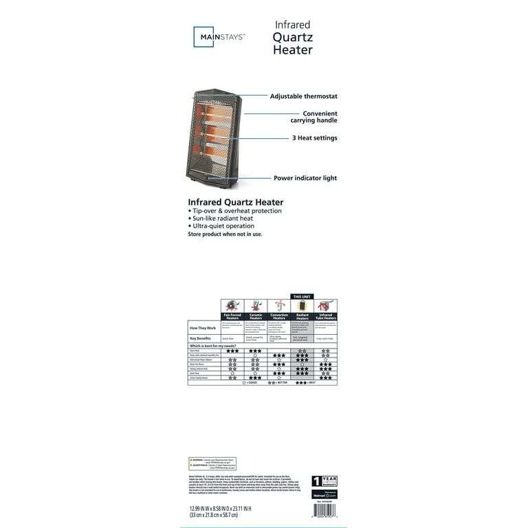 Mainstays 1500W Quartz Electric Space Heater, WSH20Q3ABB, Black - Walmart .com
