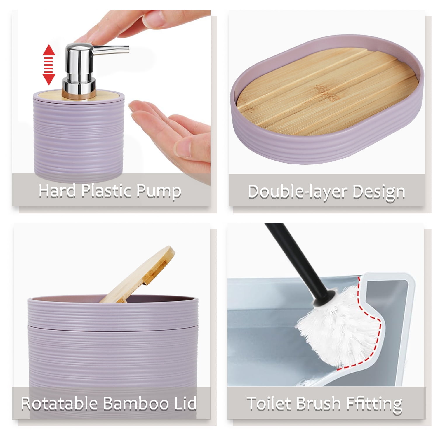 CERBIOR 6 Pcs Bamboo Bathroom Accessories Sets Irregular Stripe Design Complete Set Bathroom Decor Vanity Countertop Accessory Set, Purple