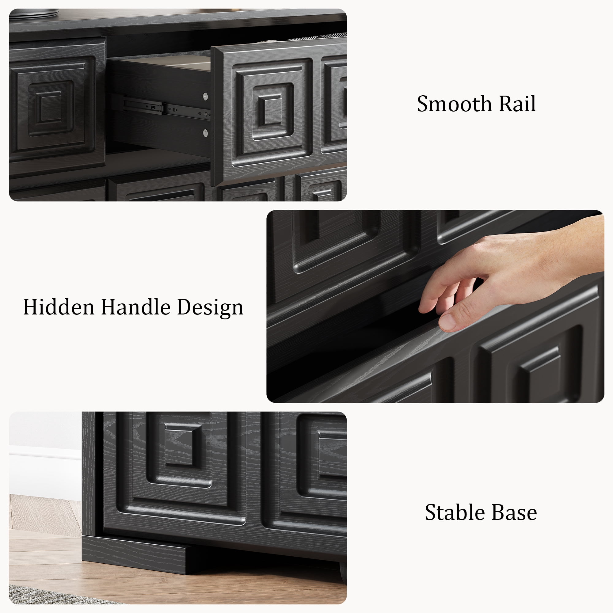 Laintene Farmhouse Dressers for Bedroom, 54" Wide 6 Drawer Dresser with Carved Panel Design, Large Storage Chest of Drawers for Bedroom, Living Room, Black