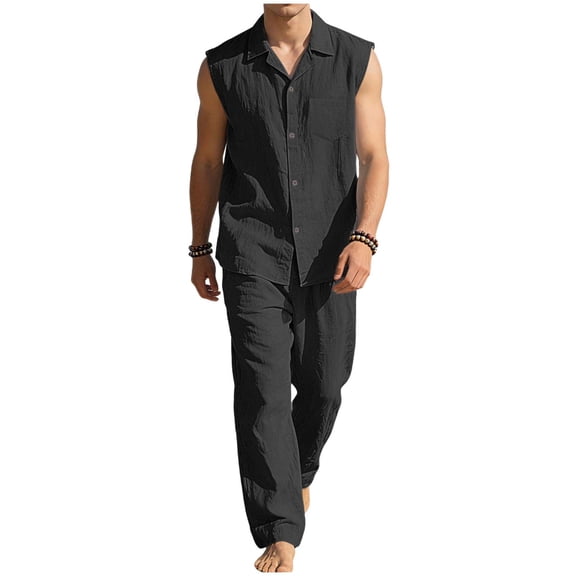 Ohufall Men's Cotton Linen Sets Solid Sleeveless Button Turndown Collar Top Pocket Drawstring Fashion Long Pants Beach Casual Set