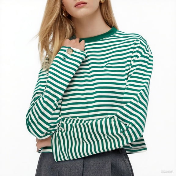 YUGYXL Striped Long Sleeve Shirt Women Y2k Oversized Crewneck Fall Spring Drop Shoulder Vintage Tops Teen Girl Clothes Green Sweatshirts S