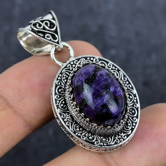 Natural Russian Charoite Gemstone 925 Sterling Silver Jewelry Pendant 1.77"