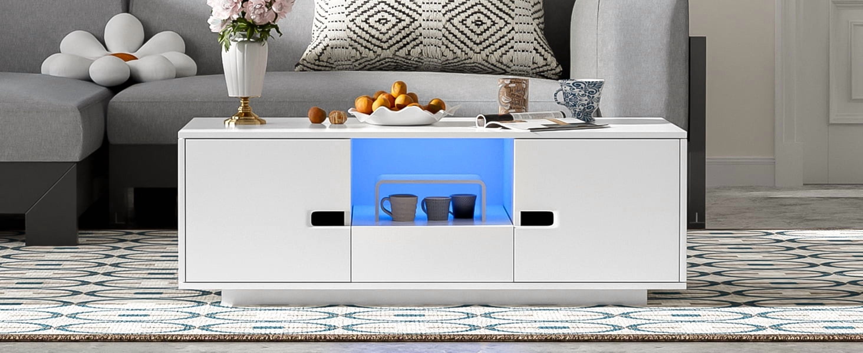 Euroco Modern High Gloss Coffee Table with LED Lights, 16 Colors & Remote Control, Storage Drawer and Cabinets, MDF Living Room Center Table with Shelves, 47.2''W x 23.6''D x 15.7''H