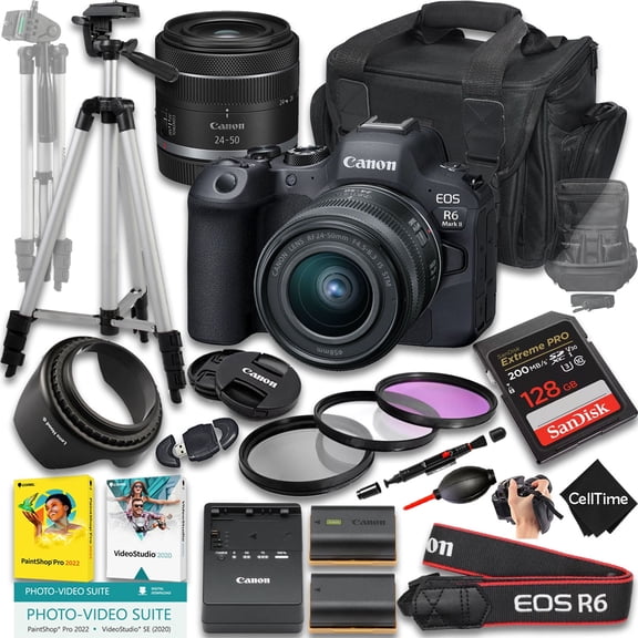 Canon EOS R6 Mark II Mirrorless Camera with RF 24-50mm f/4.5-6.3 IS STM Lens   128GB Memory   Extra Battery   Camera Case   Tripod   More (20pc Bundle) (International Version)