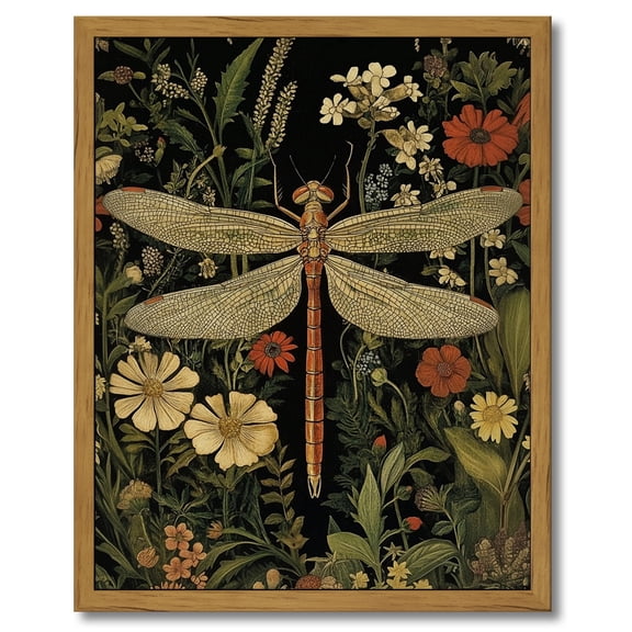 Drsoum Vintage Dragonflies and Flowers Canvas Prints Home Decor Painting Picture Bedroom Wall Art Bathroom Living room 8x10in Brown Framed