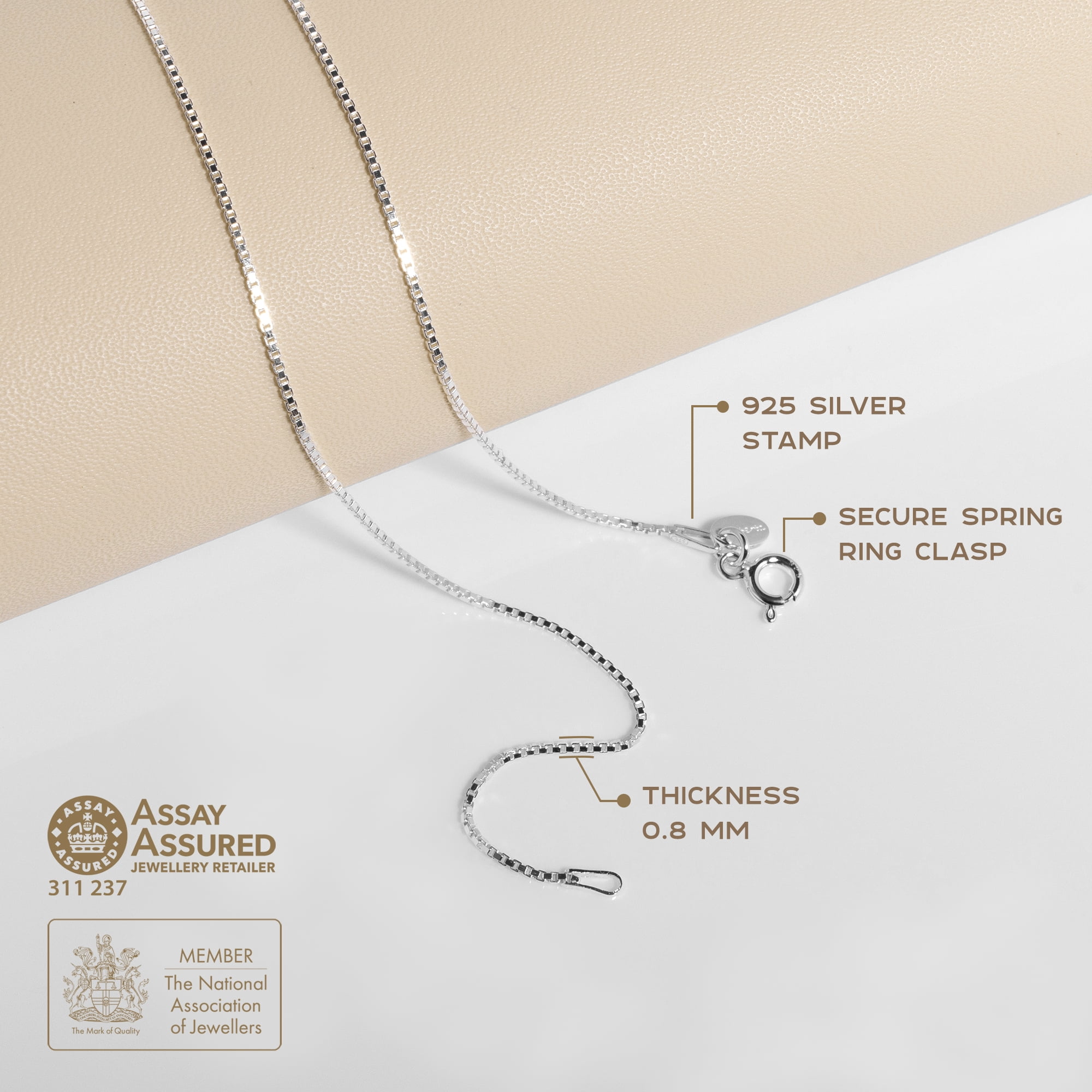 Amberta Women 925 Sterling Silver 0.8 mm Venice Box Chain Necklace: 40 cm / 16 inch