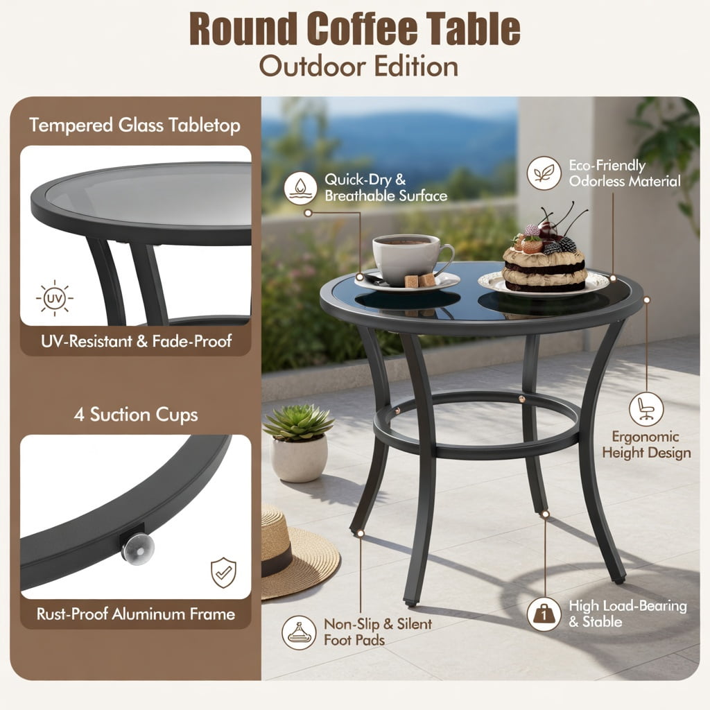 Hommoo 4-Piece Modern Outdoor Wicker Furniture Set with Tempered Glass Coffee Table, PE Rattan & Metal Frame, Black