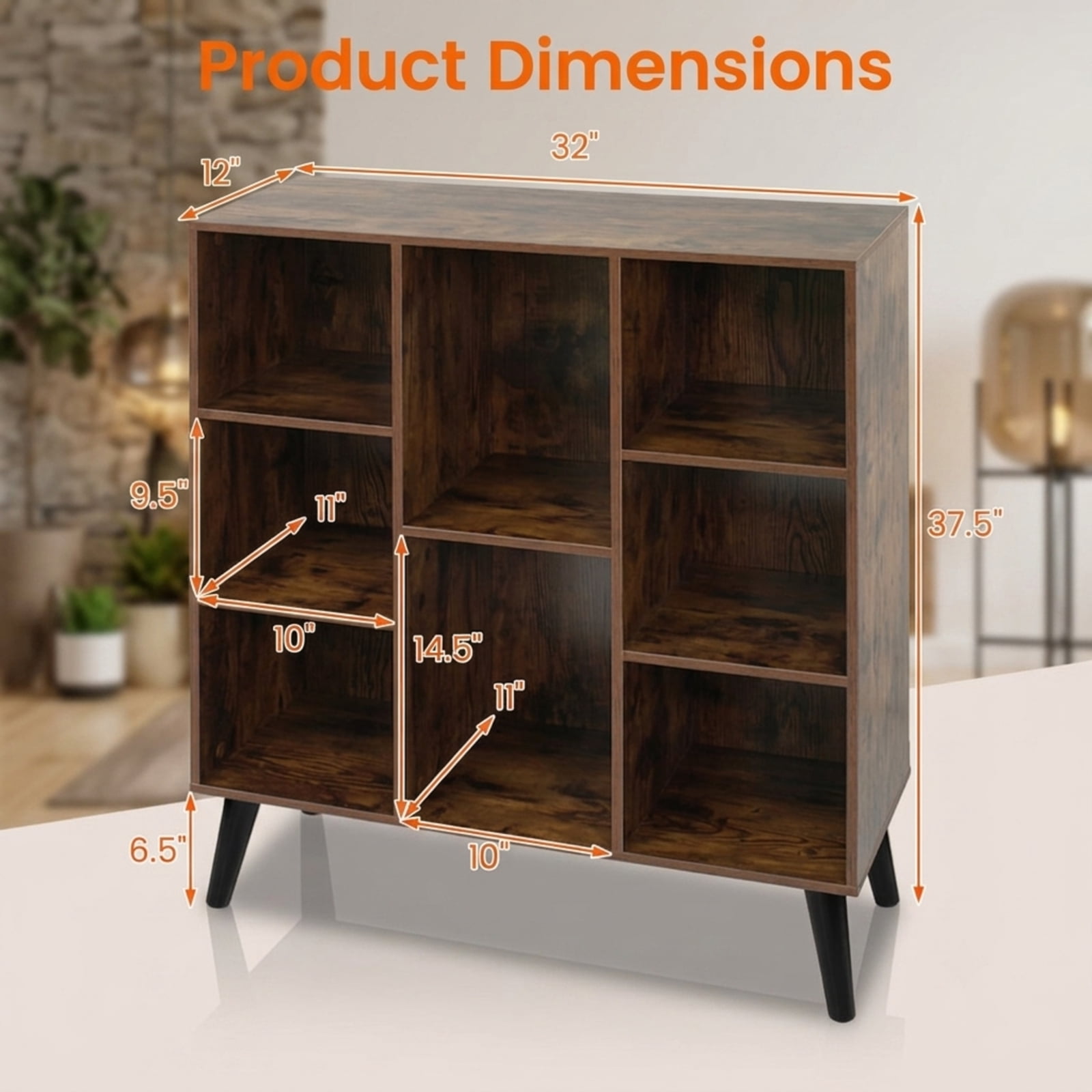 Furnibear 8-Cube Bookcase with Raised Support Legs and Anti-Tipping Kits Freestanding Wood Storage for Living Room and Study, Rustic Brown