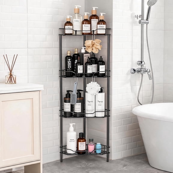 Corner Shower Caddy, 4‑Tier Floor‑Standing Bathroom Storage Shelf, Black