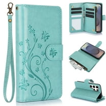 Dteck for iPhone 15 Wallet Case, Embossed Butterfly PU Leather Phone Case Women Men Flip Cover Wrist Strap Zipper Credit Card Holder Slots for iPhone 15,Green