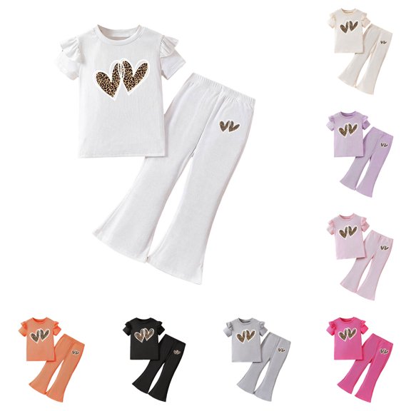 Pandaie 2-8Y Girl's 2 Piece Outfit Ruffle Short Sleeve Shirt Tops Bell Bottom Flared Wide Leg Sweatpants Summer Clothing Set Beige 100(2-3 Years)