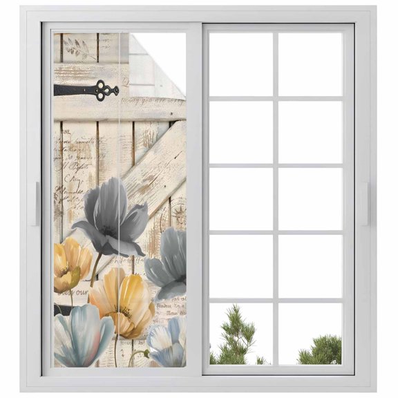 Spring Tulips Flower Window Privacy Film, Vintage Floral Barn Doors Rustic Beige Static Cling UV Sun Blocking Heat Control Window Tint Day and Night, Non-Adhesive One Way Privacy Cover 29.5''x78.7''