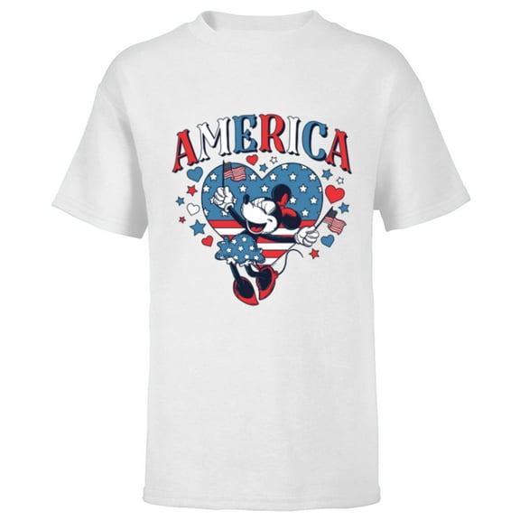 Disney Minnie Mouse America Retro Vintage Hearts 4th of July- Short Sleeve T-Shirt for Kids - Customized-White