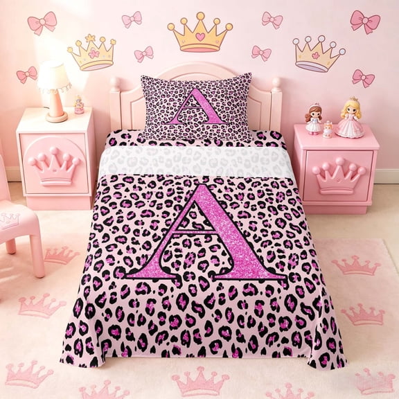meiyoeat Glitter Leopard Print Letter A Twin Sheet Sets, Girls Teens, Pink Sparkle Monogrammed Bedding, 3 Pieces, 1 Flat Sheet, 1 Fitted Sheet and 1 Pillowcase