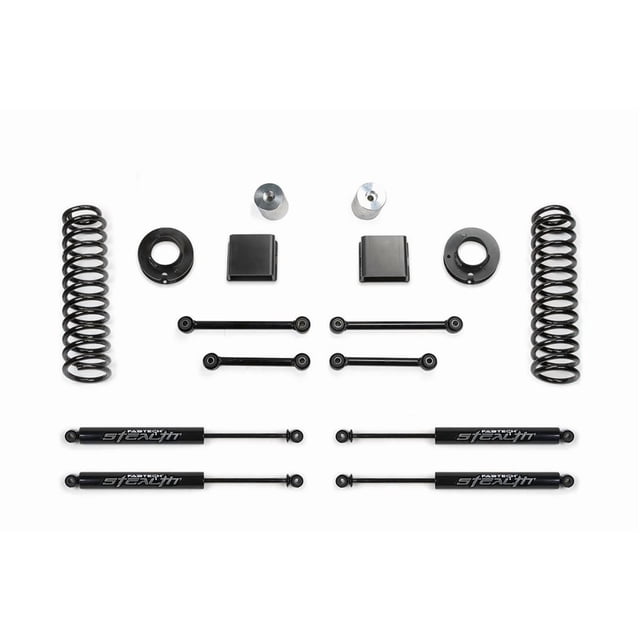 Fits 2021-2023 Jeep Gladiator JT Fabtech Motorsports Lift Kit Suspension K4190M 3 Inch Front Lift; 3 Inch Rear Lift; With Front And Rear Stealth Shock Absorbers In Kit; Black Components