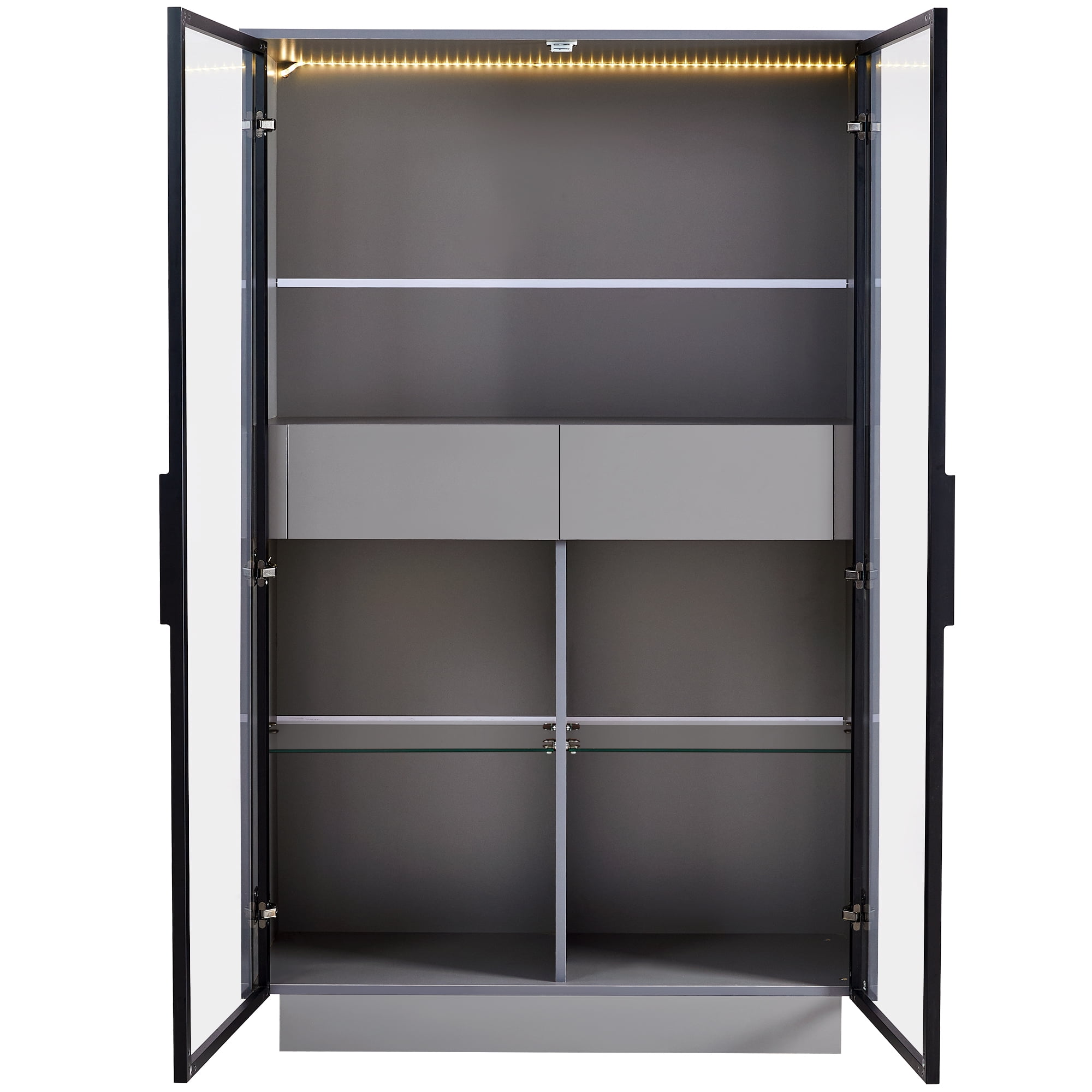 Euroco Modern Narrow LED Glass Display Cabinet with 2 Adjustable Shelves and Storage Drawers, Tempered Glass Doors, 21.6” Wide Showcase