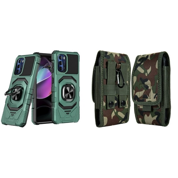 Case with Belt Holster Bundle for Moto G Stylus 5G 2022: Heavy Duty Shield Cover (Midnight Green) and Vertical Rugged Nylon Phone Pouch (Green Camo)