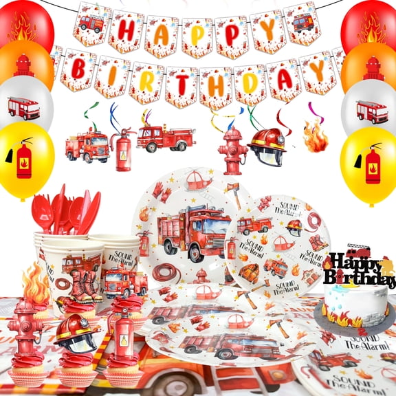 103pcs Fire Truck Birthday Party Supplies,Firetruck Birthday Decorations & Tableware Set - Fire Truck Party Plates Cups & Fire Truck Cake Toppers Banner etc Firefighter Birthday Party Decorations