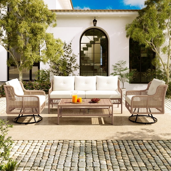 4-Piece Patio Furniture Set with 360 ° Swivel Chairs, Outdoor Rattan Sofa for 5-Person, Sectional Conversation Set for Poolside Backyard Deck, Beige