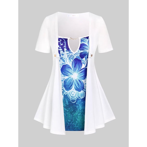 Camiseta 1 Talla Extra 2 en Forma de Ojo de Cerradura con Estampado de Flores Rosegal Camisetas tallas grandes