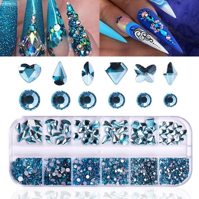 (Azul) 12 piedras de cristal para decoración de uñas, decoración de uñas, decoración de uñas con diamantes de imitación, tamaños mixtos, decoración de uñas con diamantes, cristales coloridos brillantes en caja JM
