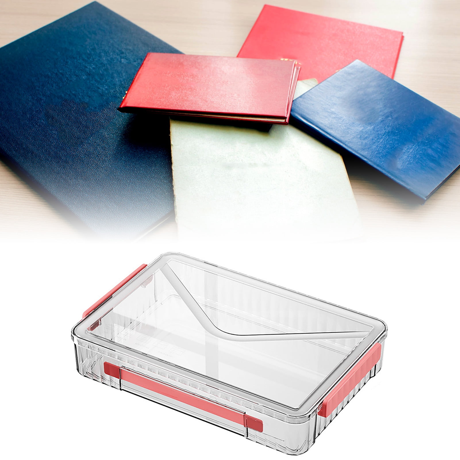 Certificate Storage Box Large Capacity Transparent Portable Scrapbook Paper Storage Case with Handle for Document File Red