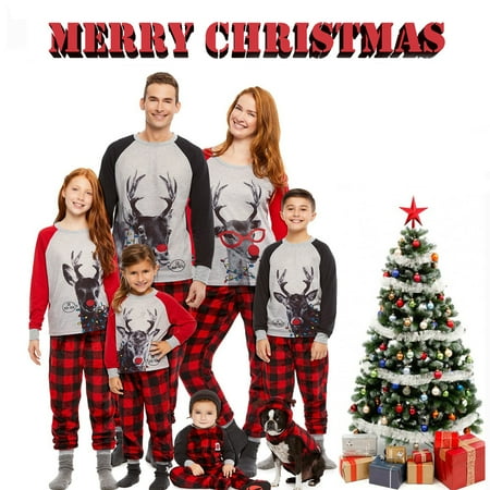 

Christmas Family Matching Pajamas Sets Deer Print Tops + Plaid Pants Sleepwear Xmas Holiday Loungewear Jammies Pjs Outfit