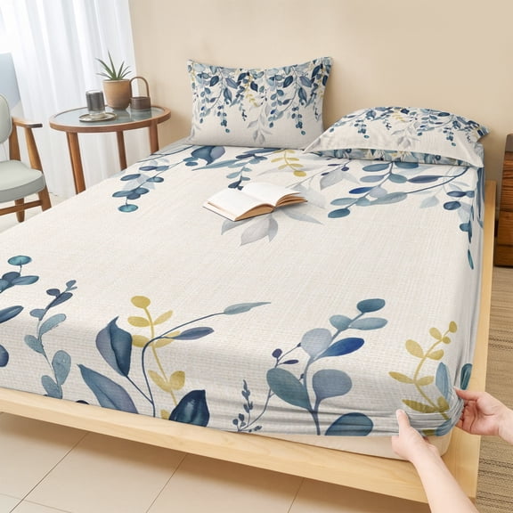 Cal.King Size Fitted Sheet Set - Navy Blue Eucalyptus 3 Piece Bedding Sets 16" Deep Pocket Fitted Sheet with 2 Pillowcases, Farmhouse Weeping Leaves Linen Brushed Microfiber Hotel Luxury Bed Sheets