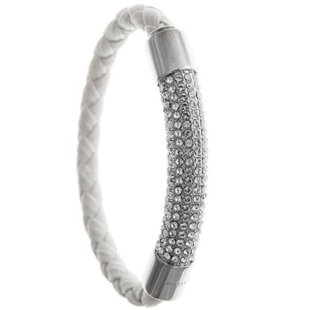 18K White Gold Plated Bracelet with a Glittering Crystals Designed Segment on a White Corded Band with a Magnetic Clasp made with High Quality Crystals by Matashi