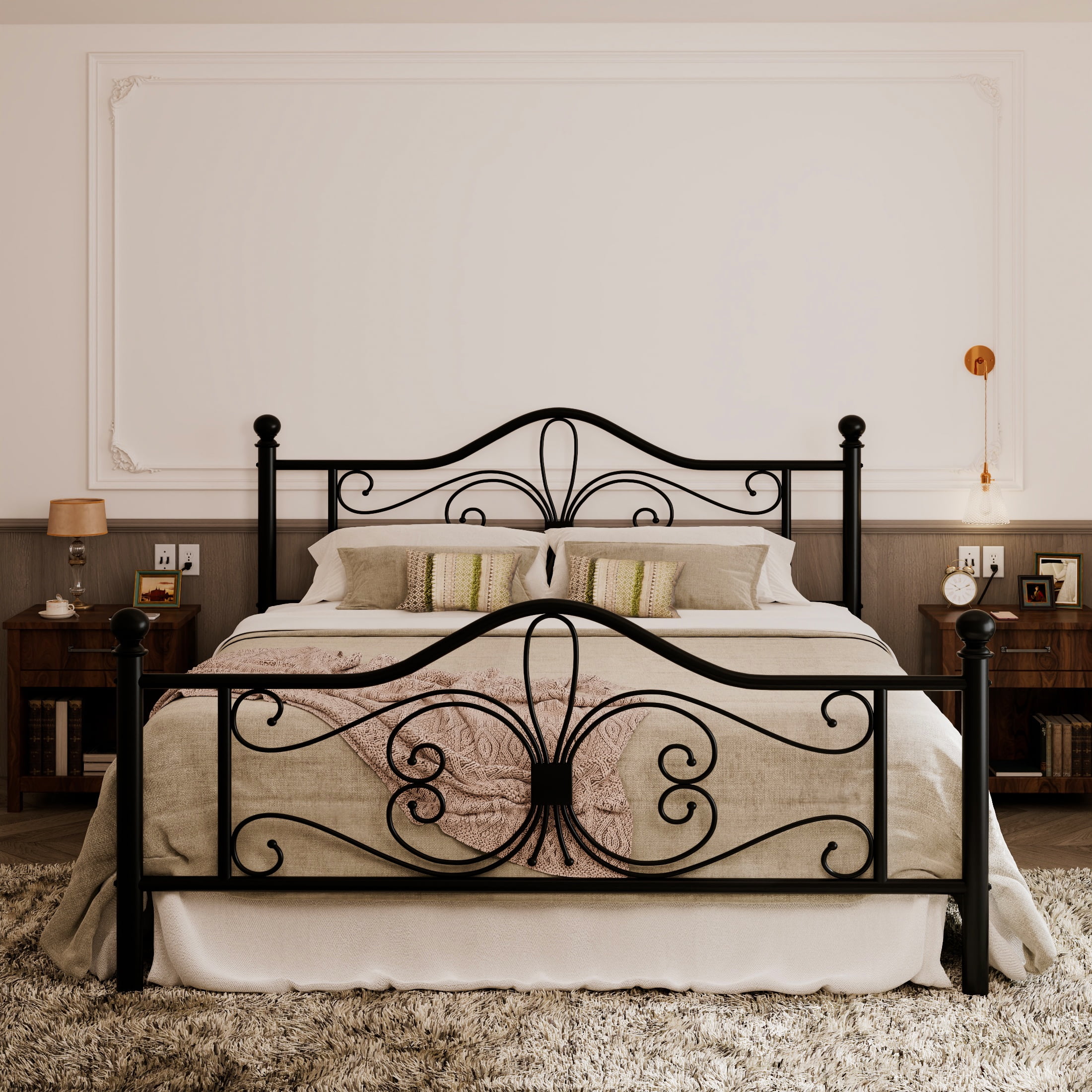 Allewie Queen Size Vintage Metal Bed Frame with Butterfly Pattern Design Headboard & Footboard, Black