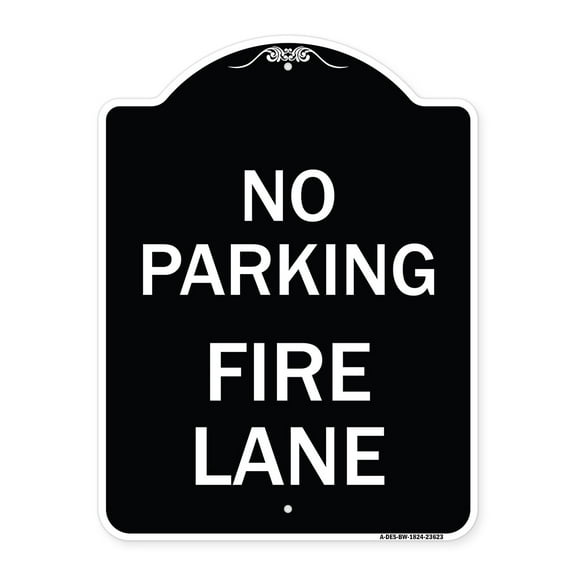 SignMission Designer Series Sign - No Parking Fire Lane with Striped Border | Black & White 18" x 24" Heavy-Gauge Aluminum Architectural Sign | Protect Your Business & Municipality |