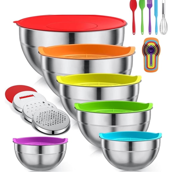 LOPMOU Stainless Steel Nesting Mixing Bowls with Colorful Lids, Grater & Kitchen Tools, Food Prep Bowls for Baking Storage, 6 Piece Set