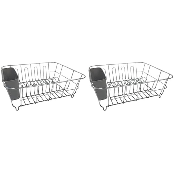 2-Piece Dish Drying Rack & Cutlery Holder Set - Compact Sink-Fitting Dish Drainer with Rubberized Undercoating, Space-Saving Kitchen Organizer for Plates, Cups, Bowls & Utensils, Gray (Pack of 2)