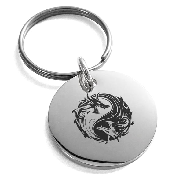 Stainless Steel Tribal Dragon Yin Yang Engraved Small Medallion Circle Charm Keychain Keyring
