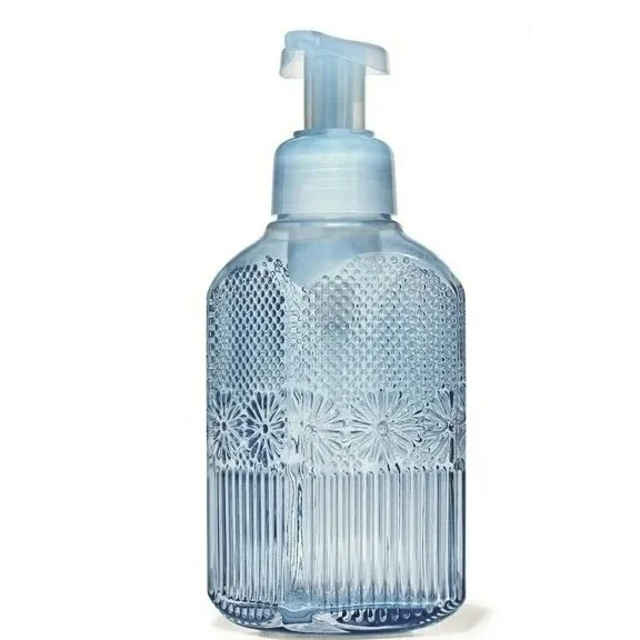 Bath & Body Works Foaming Hand Soap Refill Dispenser Holder Blue Glass Vertical Line Dot Floral